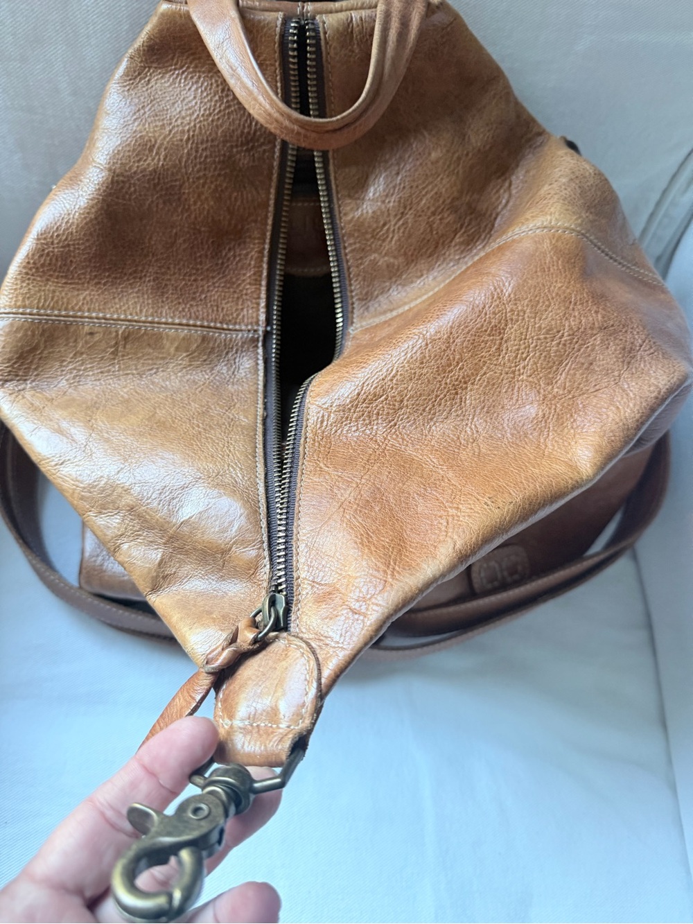 BED|STU Cognac Leather Shoulder Hobo Bag with Center Zip - Picture 1 of 7